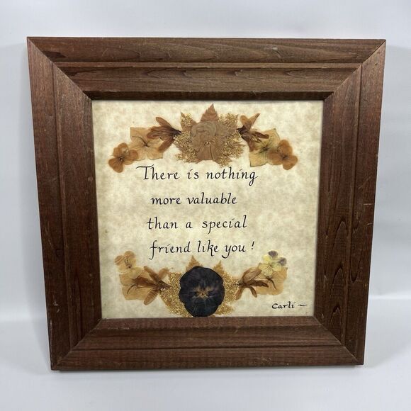 Vintage Pressed Flower Special Friend Quote Framed Art Cottage Boho Country - Picture 1 of 13